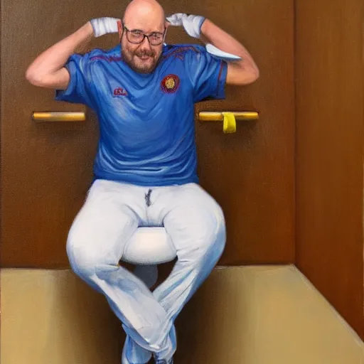 Image similar to a detailed portrait painting of joel glazer from manchester stuck in on the toilet