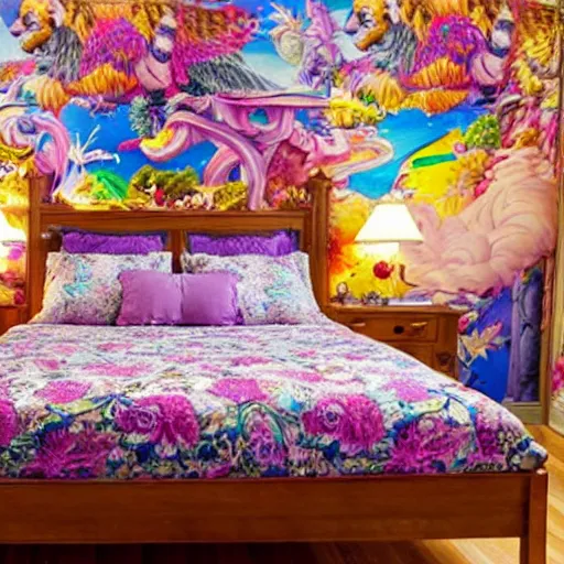 Prompt: a cozy bedroom decorated in wall to wall Lisa Frank murals, ornate, detailed, high resolution, wow!, intricate