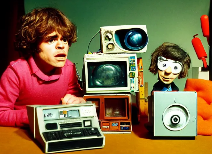 Image similar to a scene from a 1 9 7 0 s british kids tv programme by the bbc and oliver postgate, stop motion animation, peter dinklage, vhs distortion, cathode ray tube distortion, folk horror, hauntology, 8 k, 8 5 mm f 1. 8, studio lighting, rim light, right side key light