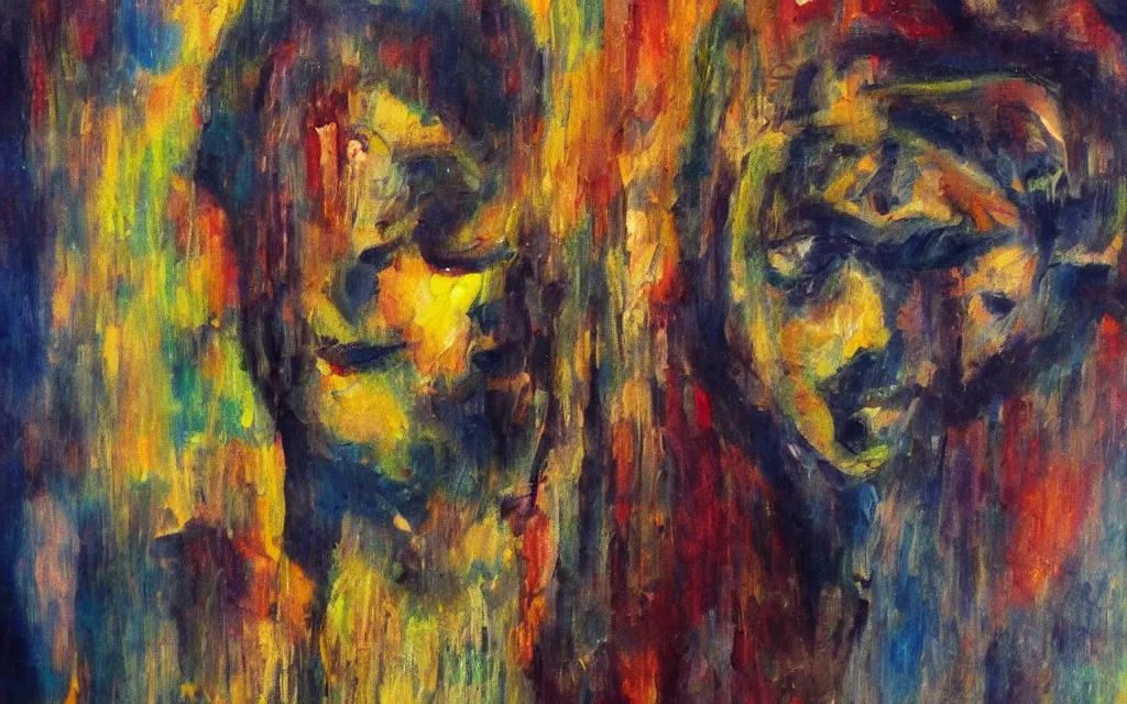 Image similar to movie still from a germen expressionist film, award winning oil painting, iridescent color palette