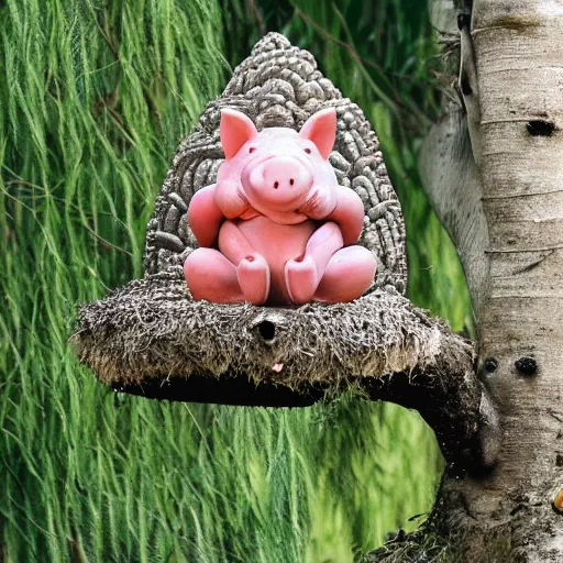 Image similar to a cute pig, meditating like buddha wearing mala beads, on top of a giant mushroom, large willow tree in the background.