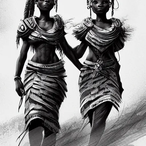 Prompt: Zulu princesses holding hands, Dynamic lighting, cinematic, establishing shot, extremely high detail, foto realistic, cinematic lighting, pen and ink, intricate line drawings, post processed, concept art, artstation, matte painting, style by Raphael Lacoste, Eddie Mendoza