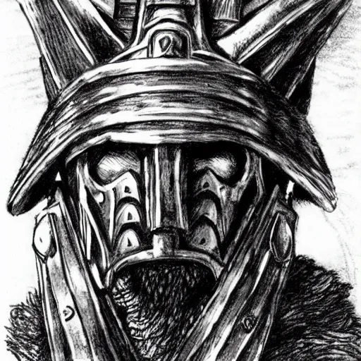 Image similar to a kislev warrior who is wearing iron gauntlets in the shape of bear claws in the style of warhammer fantasy : : head and shoulders drawing