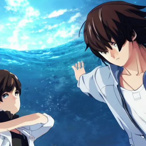 Image similar to epic anime battle brown haired boy summons a tsunami. makoto shinkai. kuvshinov ilya. shigenori soejima.