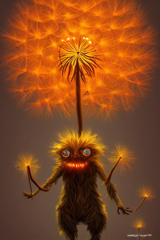 Image similar to a glowing humanoid figure dandelion monster with large glowing eyes, orange background, highly detailed, digital art, sharp focus, trending on art station, plant, anime art style