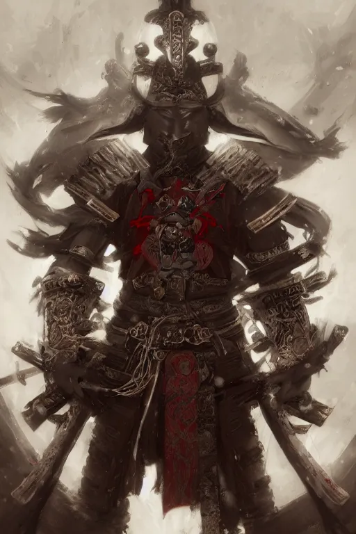 Prompt: a photographic portrait of a powerful samurai cloaked in white, carrying swords on his back, standing under a beam of light, a dark cave, ruby red sorrow, intricate, elegant, highly detailed, ornate, beautifully lit, ray traced, octane render, in the style of Peter Mohrbacher and Peter Gric