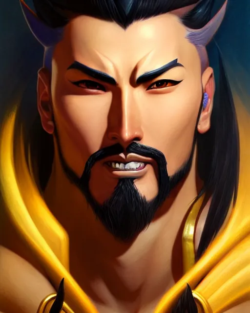 Image similar to hanzo from overwatch, character portrait, portrait, close up, highly detailed, intricate detail, amazing detail, sharp focus, vintage fantasy art, vintage sci - fi art, radiant light, caustics, by boris vallejo