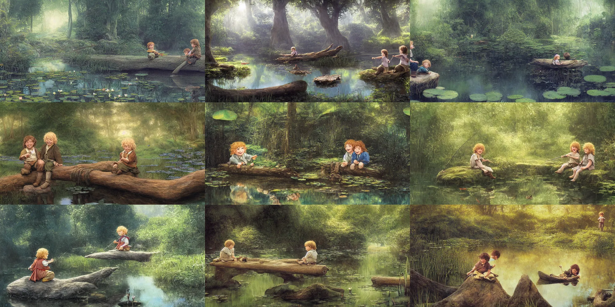 Prompt: two smiling hobbit children sit on a log while fishing in a mirror - like crystal clear pond, by alan lee, dark forest background, sunlight filtering through the trees, lotus flowers, digital art, art station.