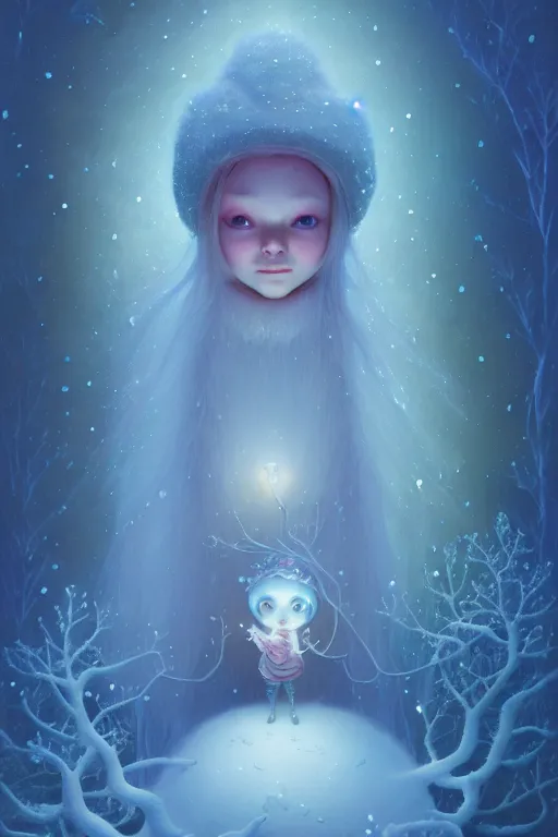 Prompt: a surreal Bioluminescent, very very very cute Winter Maiden in a happy world by Daniel Merriam, Trending on Artstation, oil on Canvas by Elena Zhurikhina and Goro Fujita and Charlie Bowater, octane render, 4k, 8k, HD