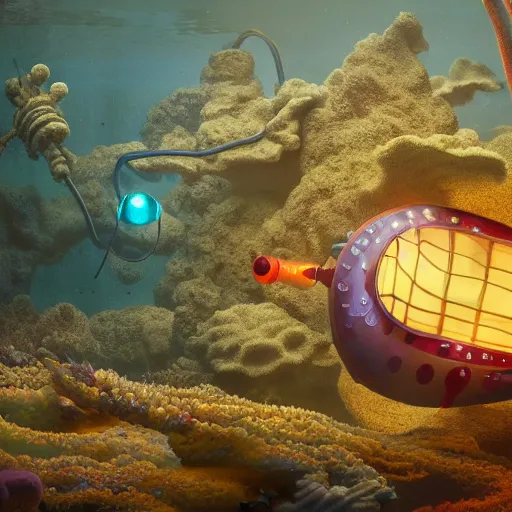 Image similar to tiny wooden submarine, floating, rbc, radiolaria, protophyta, micro - organisms, center frame, symmetric, rim light, marine microbiology, bioluminescence, electric, soft, concept art, intricate details, highly detailed, colorful, photorealistic, disney pixar, octane render, iridescent, anime, 8 k