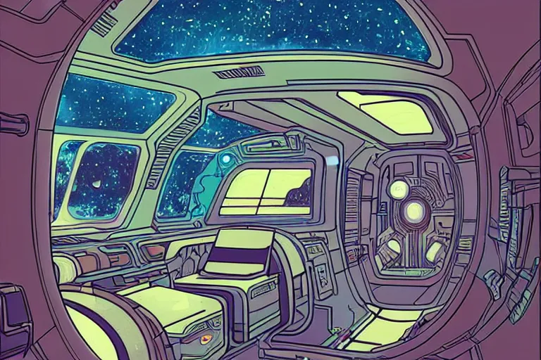 Image similar to a scifi illustration, hyper detailed spaceship interior. epic composition. flat colors, limited palette in FANTASTIC PLANET La planète sauvage animation by René Laloux