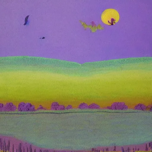 Image similar to a landscape with a purple sun with cotton candy trees flying ducks