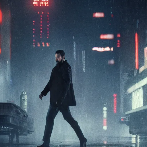 Prompt: epic cinematic film still of keanu reeves in blade runner 2 0 4 9, hyperdetailed, artstation, cgsociety, 8 k