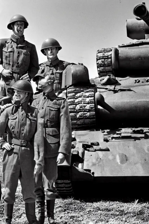 Image similar to A man in power armor stands next to World War II soldiers in a general photo near a tank, old photo, realism, attention to detail