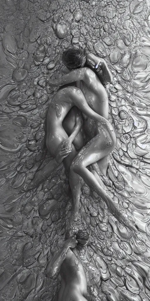 Image similar to beautiful human bodies intertwined, 3 d fractals, mandelbulb, dripping wet, skin, highly detailed, hyperrealism, cinematic