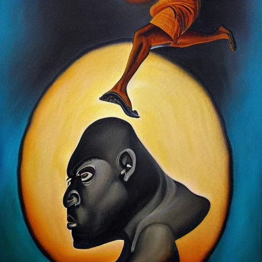 Image similar to a surrealist oil painting of a black man depicted as atlas, struggling to continue carrying the weight of the world, in the style of jean - marquett