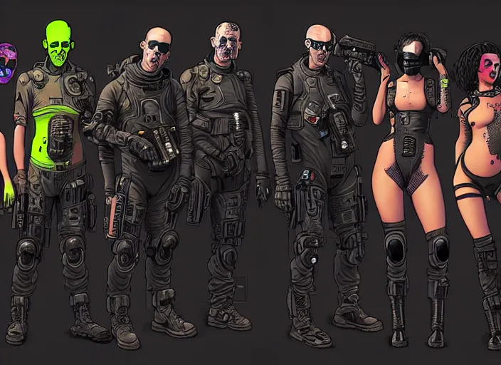 Image similar to cyberpunk blackops hazmat squad. portrait by stonehouse and mœbius and will eisner and gil elvgren and pixar. character design. realistic proportions. cyberpunk 2 0 7 7 character art, blade runner 2 0 4 9 concept art. cel shading. attractive face. thick lines. the team. diverse characters. artstationhq.