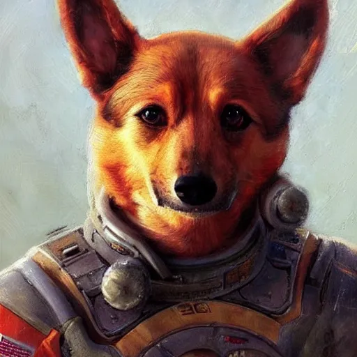 Prompt: a realistic portrait of the soviet space dog, artwork by gaston bussiere, craig mullins, red, akira, trending on artstation, corgi spacesuit