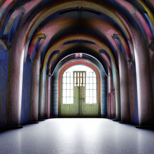 Prompt: a long colorful asylum hallway, arched ceiling, one point perspective, vanishing point, symmetrical composition, rich colors, dramatic lighting, by lee madgwick, photorealistic, v - ray render 8 k uhd