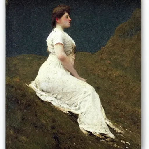 Image similar to a young woman climbing a mountain, by alfred stevens