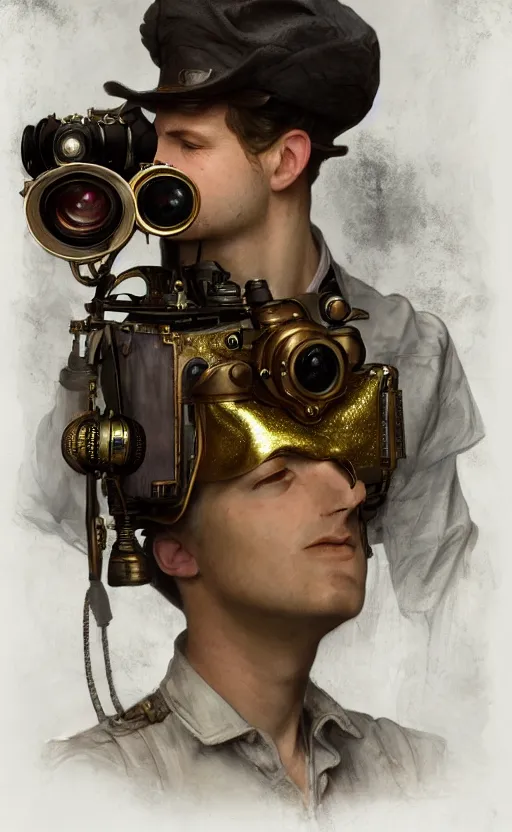 Image similar to hyper realistic male photographer looking through a vintage steampunk medium format camera, design on white background, beautiful details, lush foliage cyberpunk, gold, drawn by john singer sargent, tom bagshaw, norman rockwell, alphonso mucha, lolish, trending on artstation