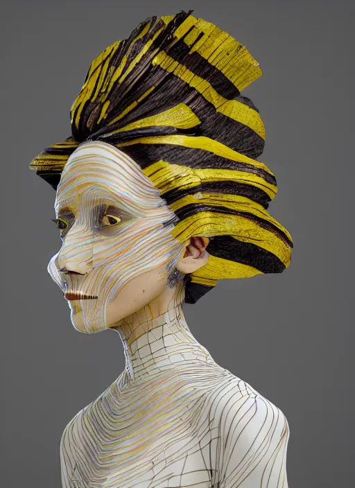 Image similar to an anthromorphic beautiful bee woman wearing striped couture made out of wax and paper and flower petals, at a fashion shoot, by issey miyake, trending on Art Station, 3D, octane render,