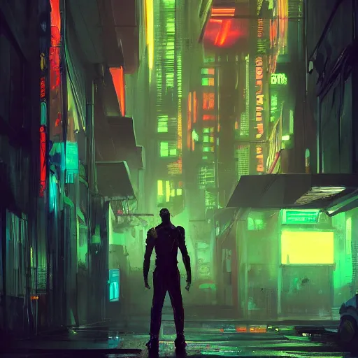 Image similar to a tall, broad-shouldered man standing in a neon lit alleyway, cyberpunk art, dramatic lighting, illustration by Greg rutkowski, yoji shinkawa, 4k, digital art, concept art, trending on artstation