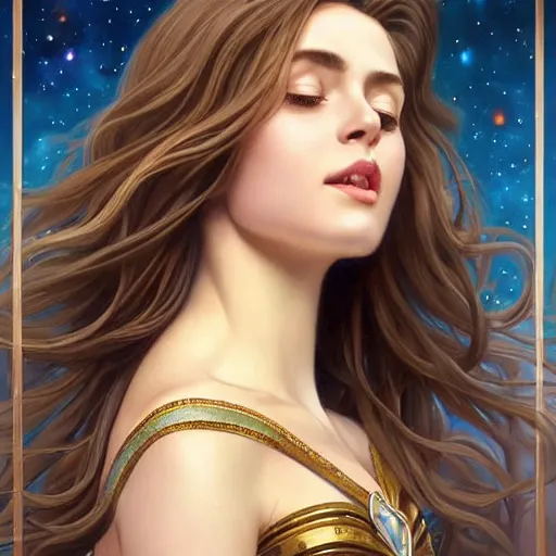 Prompt: beautiful celestial mage, sparkling eyes, stars in her eyes, shining eyes, grinning, elegant, enticing, sharp features, big flowing hair, traditional roman armor, highly detailed, digital painting, artstation, concept art, smooth, sharp focus, beautiful face, expressive eyes, brown hair, illustration, art by Artgerm and greg rutkowski and alphonse mucha