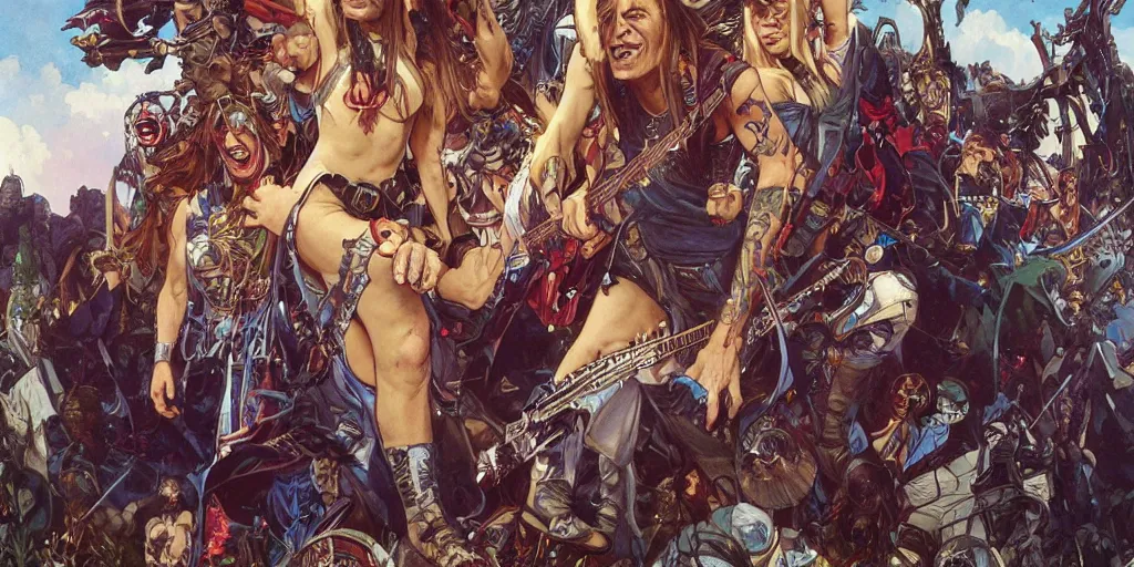 Image similar to Iron Maiden playing their last outdoor show while the world ends, by artgerm and greg rutkowski and alphonse mucha and loish and WLOP, artstation, detailed