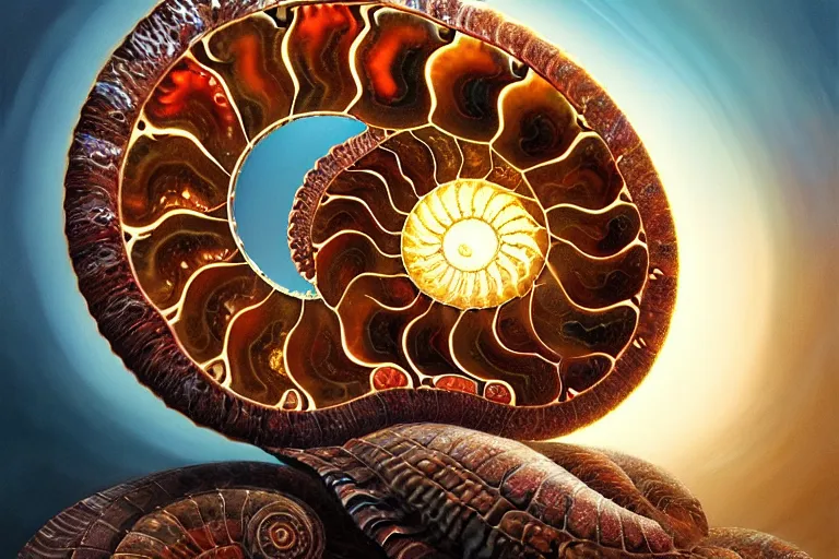 Image similar to portrait of a fractalized ammonite, filigree, delicate, highly detailed, beautiful opalescent colours, unreal engine, fantasy art by greg rutkowski, rhads, ferdinand knab, makoto shinkai and lois van baarle, ilya kuvshinov, rossdraws, tom bagshaw, global illumination, radiant light,