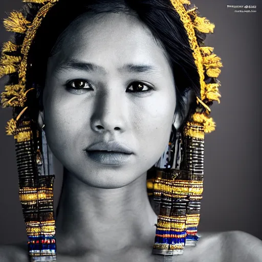 Prompt: portrait of a stunningly beautiful alluring nepalese tribal female, depth of field, zeiss lens, detailed, symmetrical, centered, fashion photoshoot, by annie leibovitz and steve mccurry, david lazar, jimmy nelsson, breathtaking, 8 k resolution, extremely detailed, beautiful, establishing shot, artistic, hyperrealistic, beautiful face, octane render