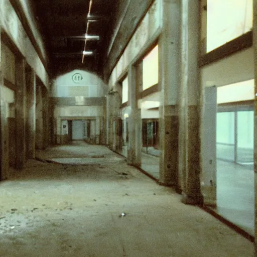 Image similar to vhs found footage of an abandoned empty mall made out of cement, 3 5 mm, photography, liminal space, the backrooms, scp, stalker, surveillance camera