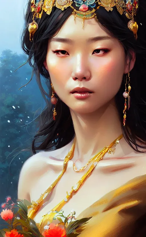 Image similar to a beautiful taiwan goddess with sundress with jewelry | | winter, realistic shaded, unpleasant face, good looking, fine details, realistic shaded lighting poster by greg rutkowski, magali villeneuve, artgerm, jeremy lipkin and michael garmash and macoto takahashi