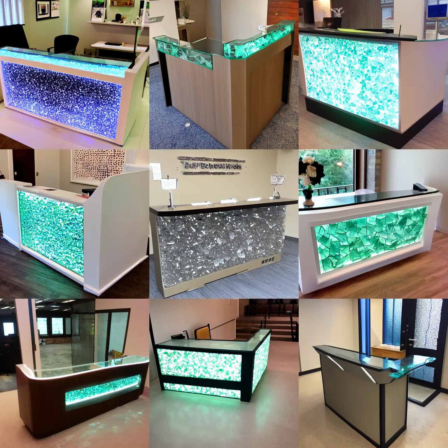 Prompt: Reception Desk styled on broken glass