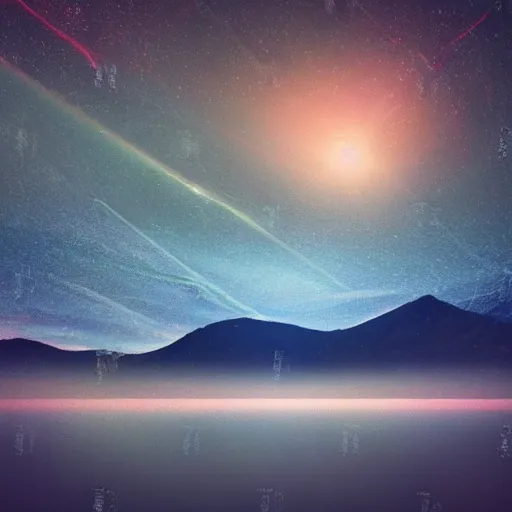 Prompt: High quality render of , Neon ring floating over a foggy sea with rocky mountains in the night sky abstract art