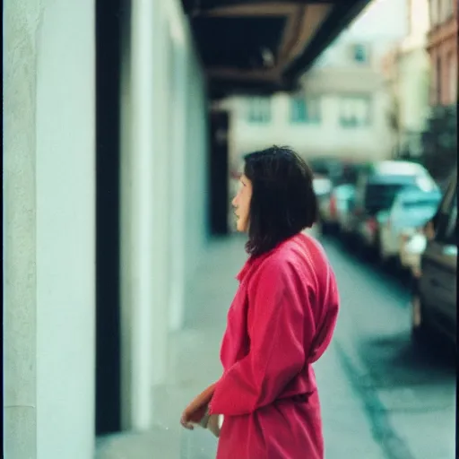 Image similar to portra 800 street photography woman staring into camera but she is a bit blurry because she is moving