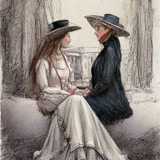 Image similar to a mummy in victorian clothes hat has an intimate conversation with a woman in victorian clothes, watercolor graphic novel style by alan lee and john howe, style of professors daughter
