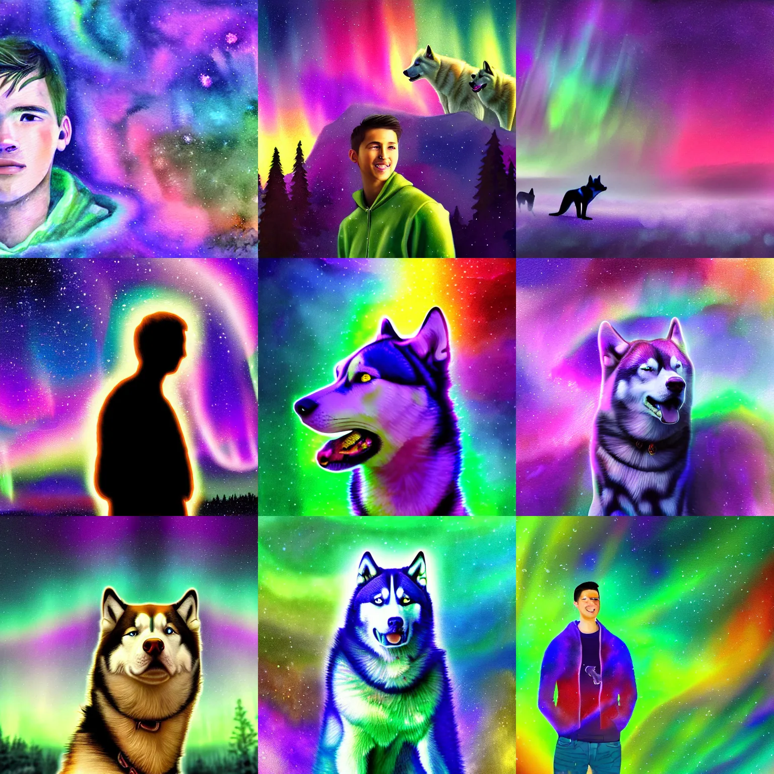 Prompt: young man surrounded by an aura of emotions with huskies floating above him, rich iridescent colors, digital art, very detailed, watercolor, aurora borealis. 4 k hd