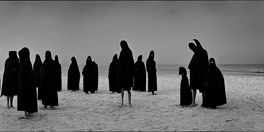 Prompt: at the beach a circle black robed and hooded plague doctors , old film, 35mm film, found film, scary, ominous, frightening, ghastly, photorealistic, by bruce davidson, on hasselblaad