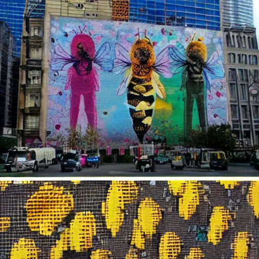 Prompt: bees attack bee hive, street art, twin towers,