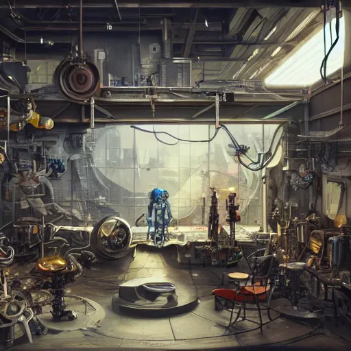Prompt: he inside of a futuristic mechanic workshop, highly detailed interior, scrap metal on workbenches, half - finished robot, mechanical bugs in a display case, holographic screen in center frame by peter mohrbacher, trending on artstation, cryengine render, 8 k