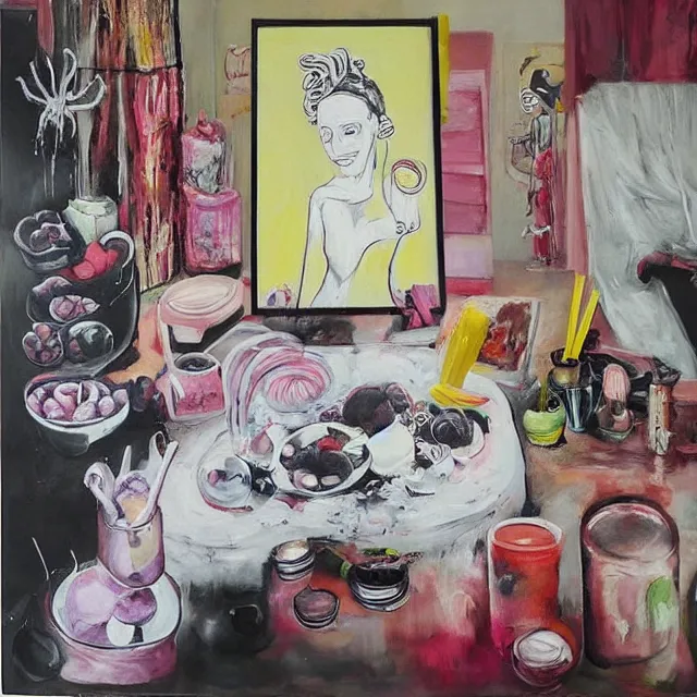 Image similar to “ a portrait in a female art student ’ s apartment, sensual, a pig theme, pork cuts, art supplies, edo, surgical iv bag, octopus, ikebana, herbs, a candle dripping white wax, squashed berries, berry juice drips, acrylic and spray paint and oilstick on canvas, surrealism, neoexpressionism ”