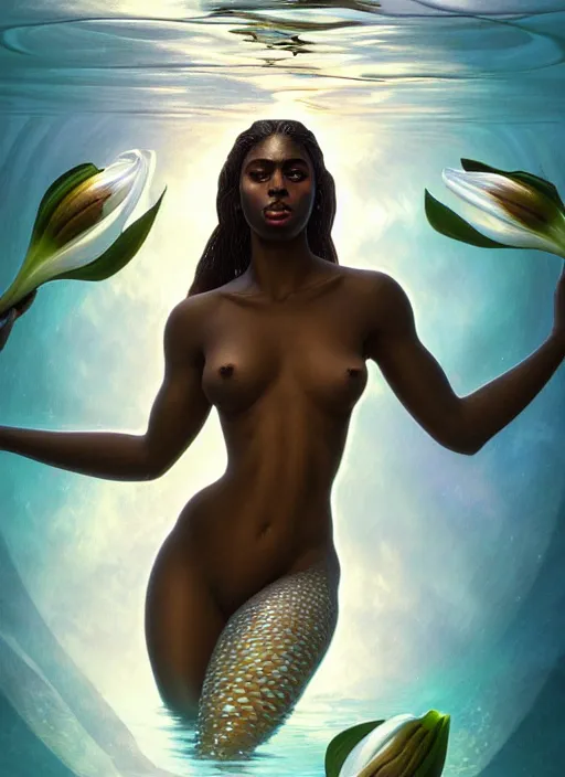 Image similar to underwater photography full body portrait of a dark skin mermaid haitian goddess, white lilies, underwater, intricate, sensual features, dewy skin, reflective skin, highly detailed, divine holy perfection!! digital painting, artstation, concept art, smooth, sharp focus, warm lighting, illustration, art by artgerm and greg rutkowski and alphonse mucha