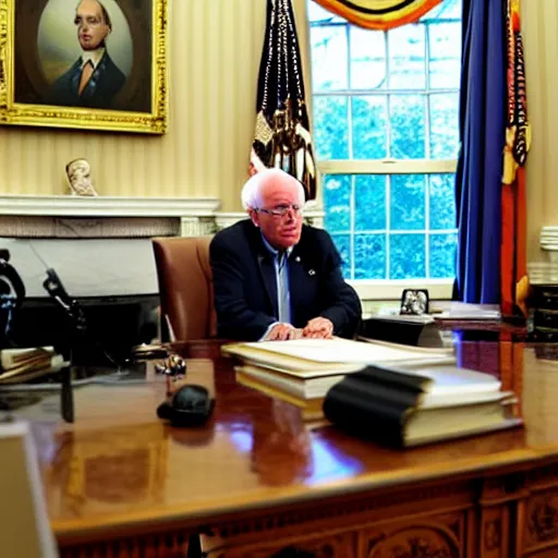 Prompt: president bernie sanders behind the desk in the oval office