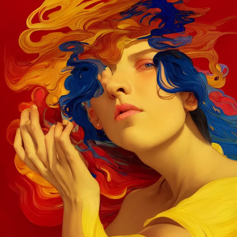 Prompt: Fool is a hue created with swirls of yellow gouache, joyous red, and a daub of crystalline ultramarine, intricate, highly detailed, digital painting, artstation, concept art, smooth, sharp focus, illustration, Unreal Engine 5, 8K, art by artgerm and greg rutkowski and alphonse mucha