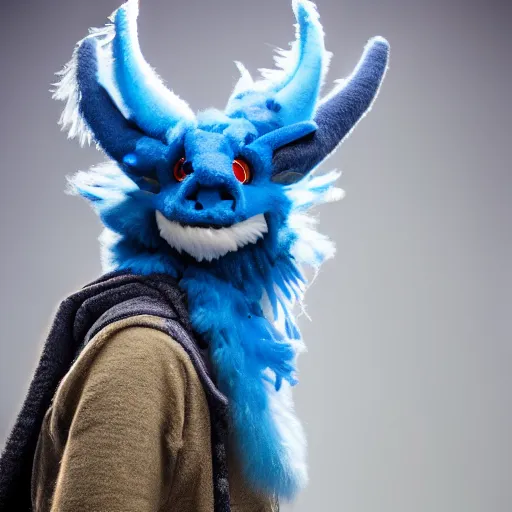 Prompt: an anthropomorphic blue fluffy dragon husband, photo, 8K