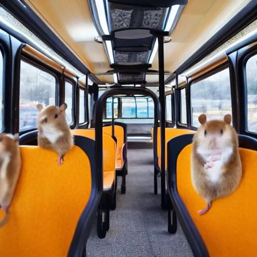 Image similar to photo of a coach bus interior, a brown hamster is sitting on a seat, various poses, unedited, soft light, sharp focus, 8 k