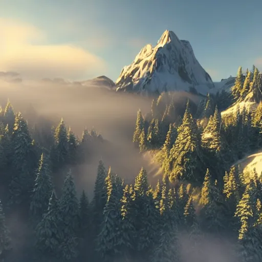 Image similar to still shot of a mountain covered in morning fog, highly detailed, photorealistic portrait, bright studio setting, studio lighting, crisp quality and light reflections, unreal engine 5 quality render