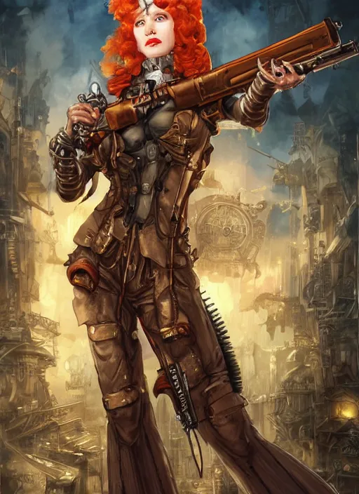 Prompt: 8K, realistic ginger Lady Mechanika in a Comic Book cover, holding a shotgun, and wearing victorian goggles in a ultradetailed Steampunk scenary, by Artgerm and Peter Andrew Jones Katsuhiro Otomo, trending on artstation, featured in Deviantart, Wallpaper, sharp focus, D&D, detailed, intricate, cinematic lighting,