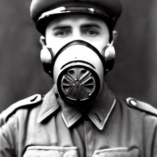 Prompt: police officer posing with gas mask during world war ii in istanbul, photo, realistic